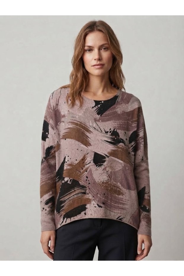 Women's Italian Round-Necked Long-Sleeved Knit Blouse with Brush Stroke Pattern