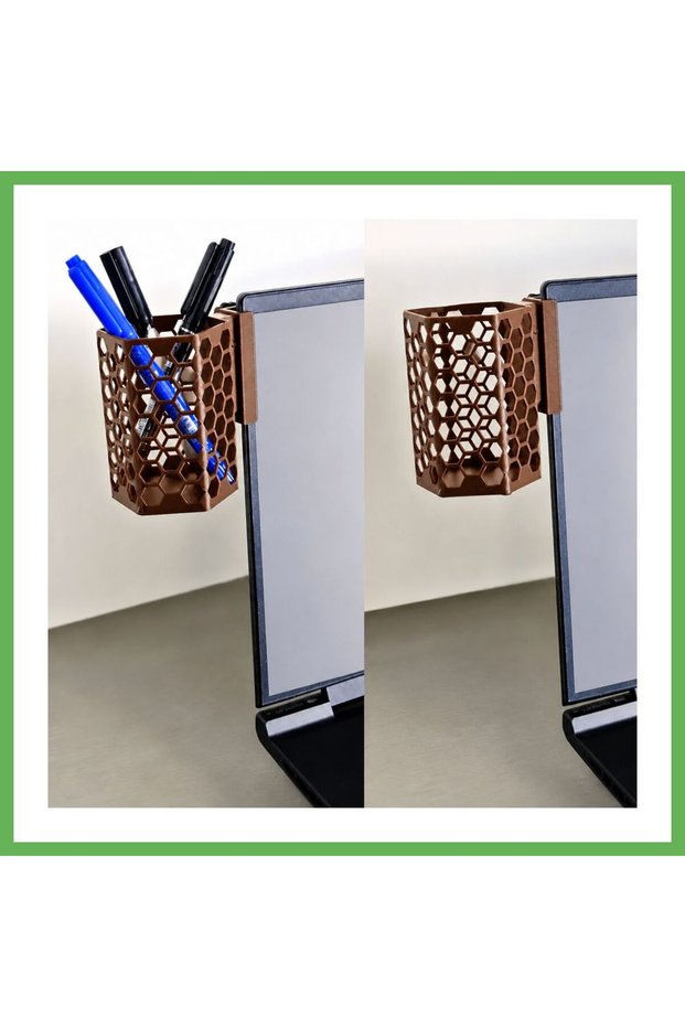 3D Printed Monitor Pen Holder - Honeycomb Pattern Laptop Edge Hexagonal Pen Holder - Brown Gen01