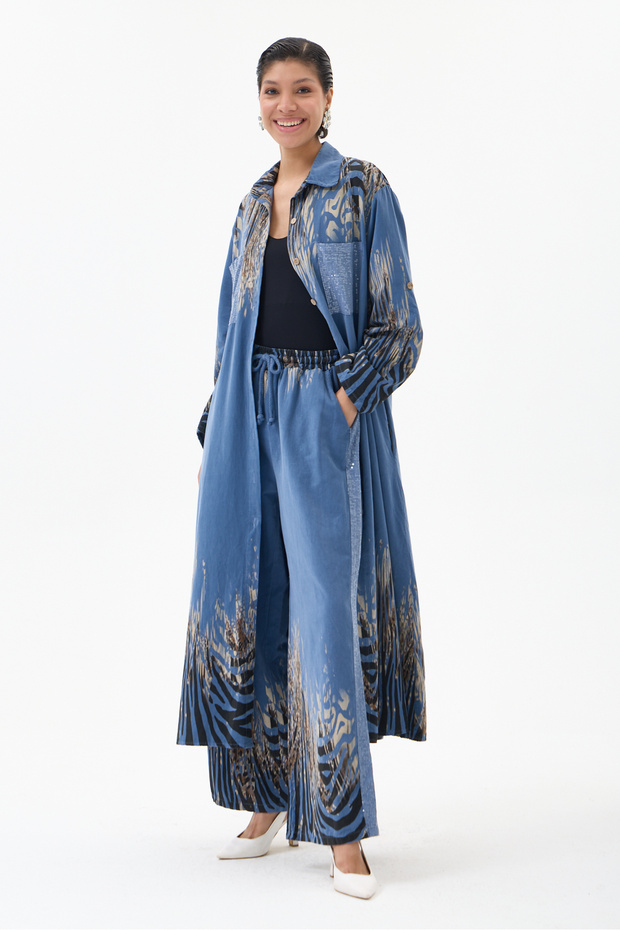 Women's Blue Italian 100% Cotton Velvet Zebra-Print Shirt Dress with Pants Velvet Set, Sizes 38–44