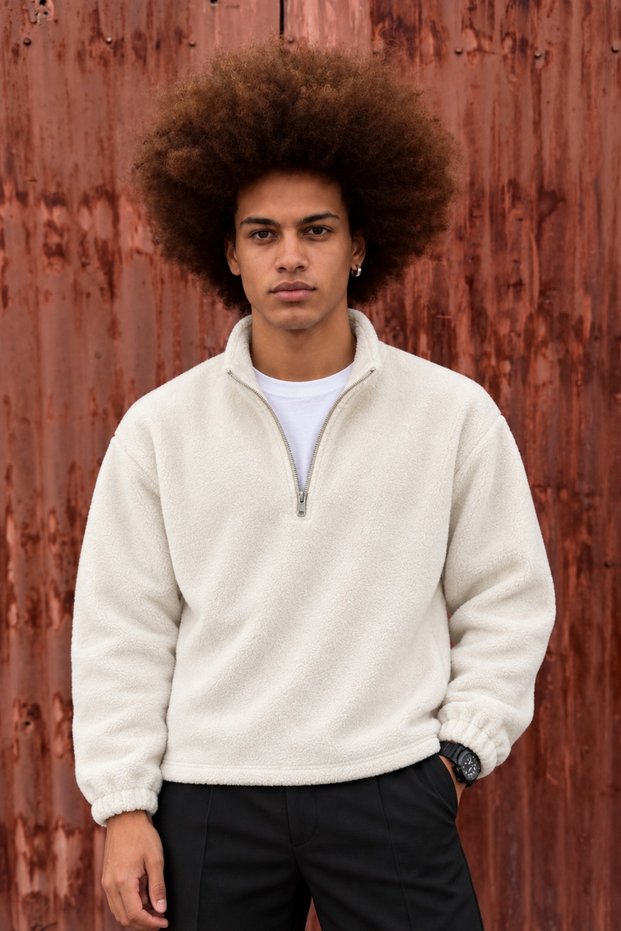 Men's Relaxed-Fit Zip-Up Ecru Fleece Sweatshirt with Fleece Lining