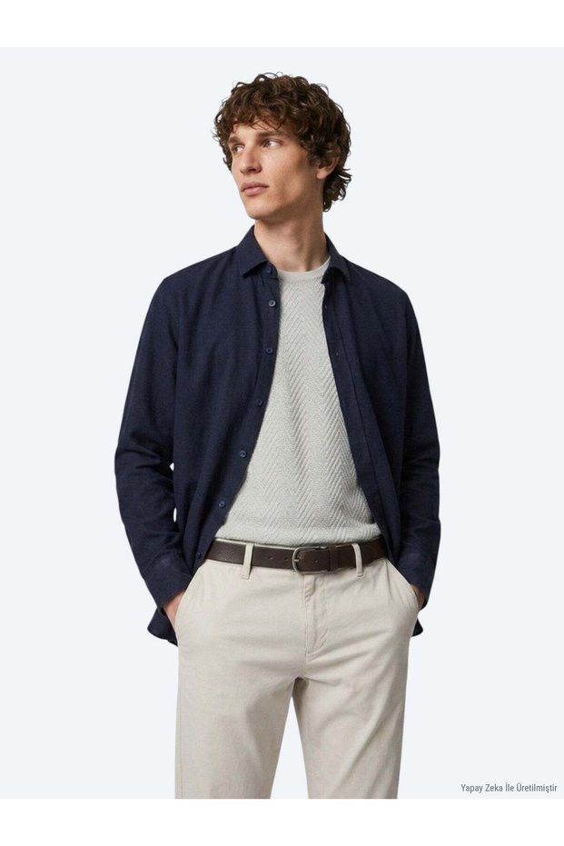 Navy Solid Regular Fit Long-Sleeved Woven Casual 100% Cotton Shirt 10161122-200