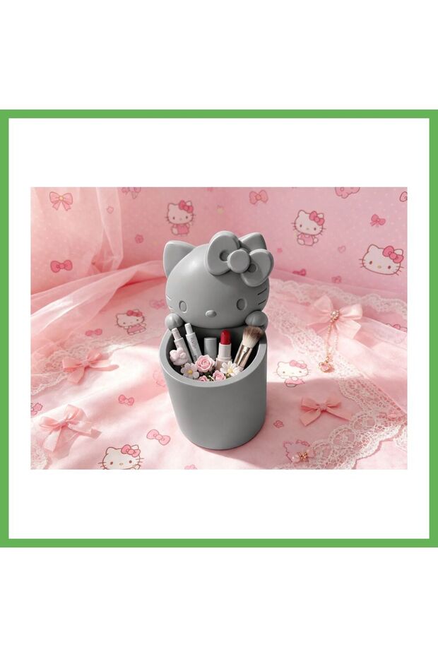3D-Printed Pencil Holder with Cute Cat Figure and Bow Detail - Desktop Organizer - Gray GEN01