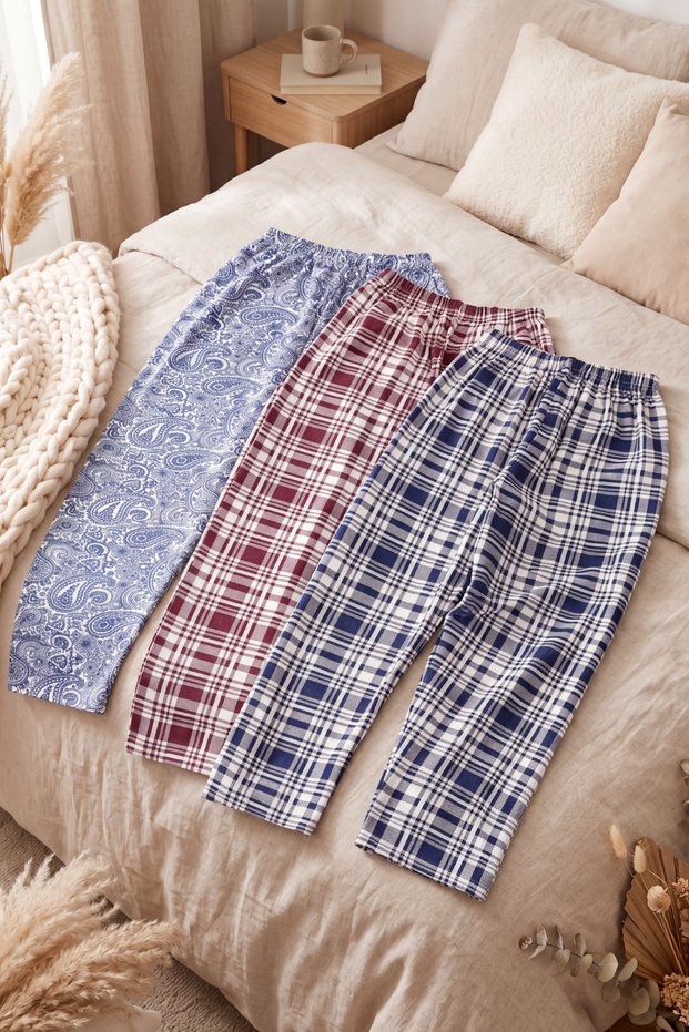 Women's Plus-Size Pajama Bottoms, 3-Piece Set, Plaid and Shawl-Print