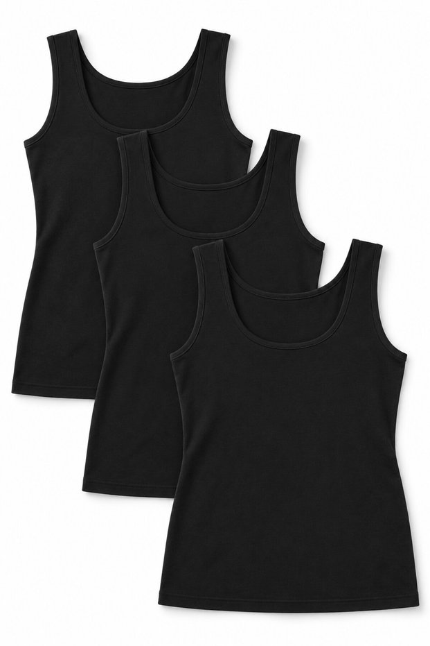 Women's 3-Pack Black Cotton-Spandex Tank Top with Wide Straps, 94% cotton, 6% spandex