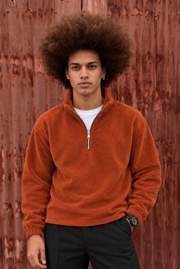 Men's Relaxed-Fit Zip-Up Terracotta Color Fleece Sweater