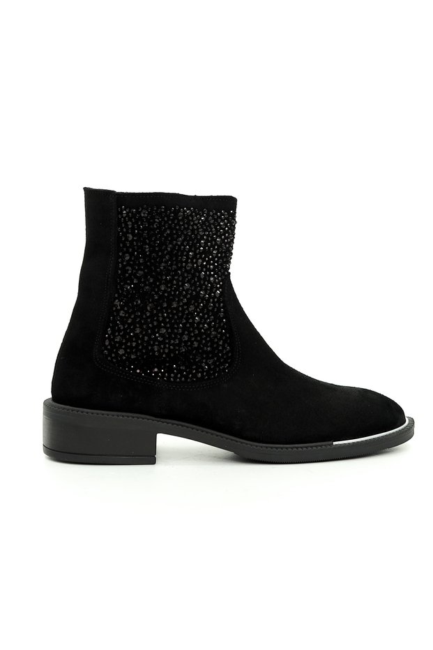 Genuine Suede Leather Black Women's Boots with Stone Embellishments and Stiletto Heels - ZB122