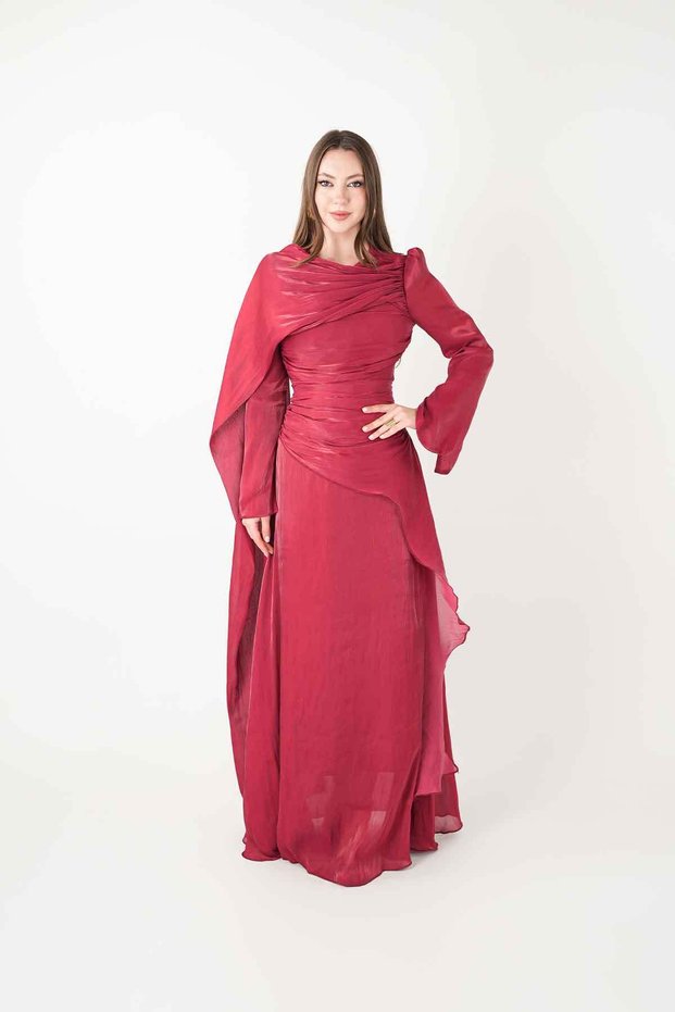 Organza Fabric Design Dress Suitable for Hijab - Bordo
