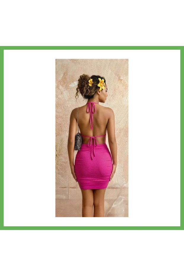 Women's Pink, Plunging Neckline, and Ruched Evening Dress 5227 · Size: L/Xl · Color: Pink Gen01