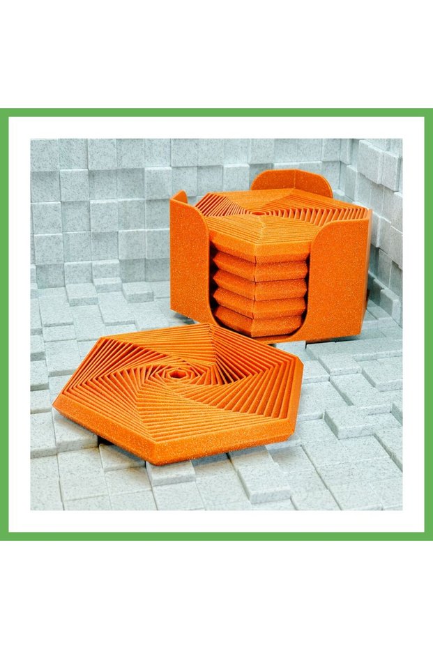 3D-Printed Super Fidget Coaster Set - Hexagonal-Patterned Coaster and Holder - Orange GEN01
