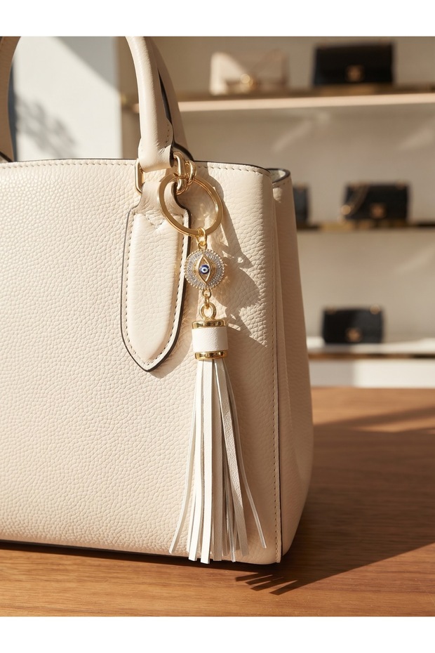 White Crystal Nazar Gold Leather Tasseled Keychain Bag Charm