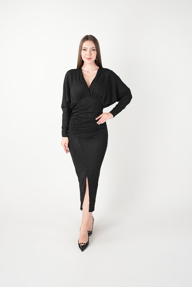Glittery Fcuro Fabric Bat Sleeve Dress - Black