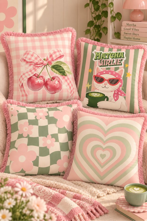 Set of 4 Matcha Latte Reversible Pink-Tasseled Cushion Covers, Premium-Textured Pink-Tasseled Decorative Cushion Cover, Pink Cushion, Matcha Latte