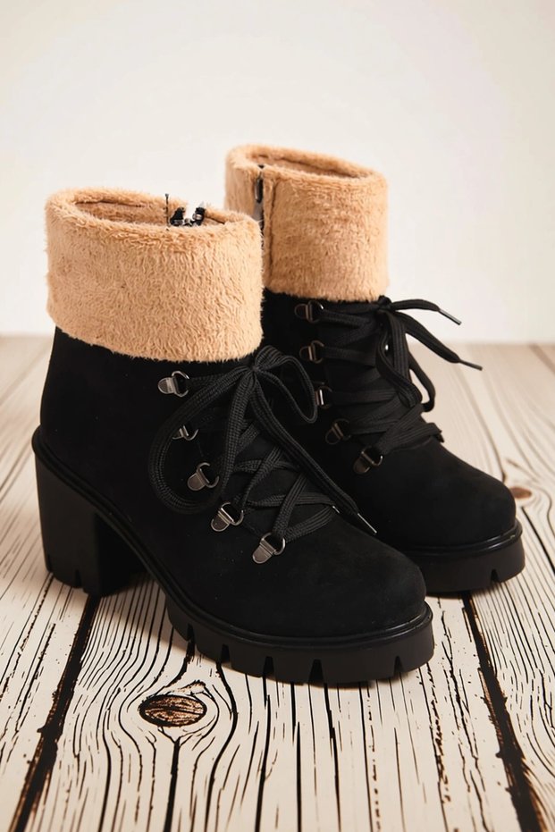 Women's Fur-Trimmed Suede-Look Heeled Zip-Up Boots with Orthopedic Lining and Non-Slip Outsole