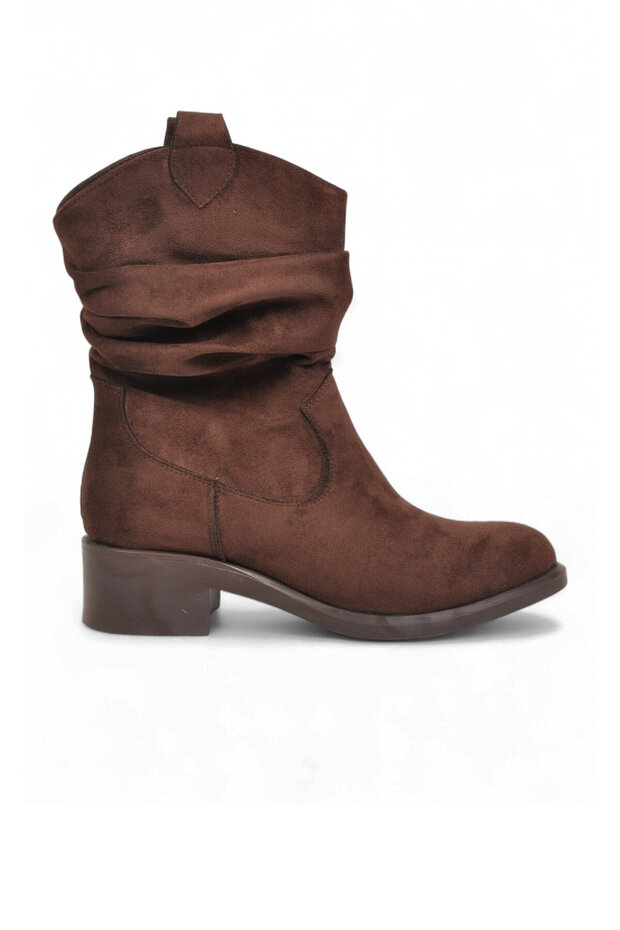 Women's Coffee-Colored Suede Western Boots with Fleece-Lined, Ruched Detail, Women's Heeled Boots 667309