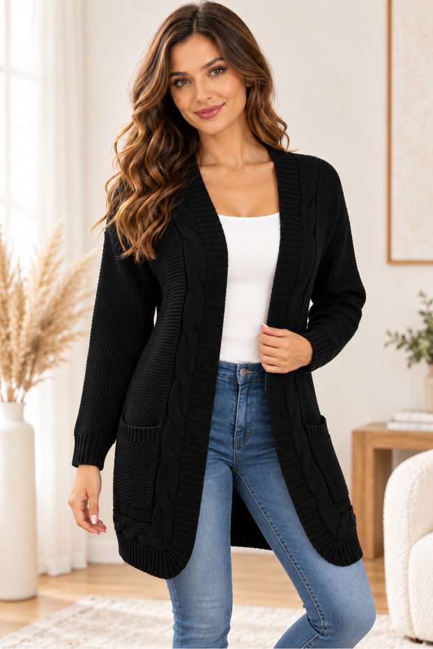 Women's Open-Front, Long-Sleeved, V-Neck, Double-Pocket, Braided, Soft-Textured, Everyday Black Knit Cardigan