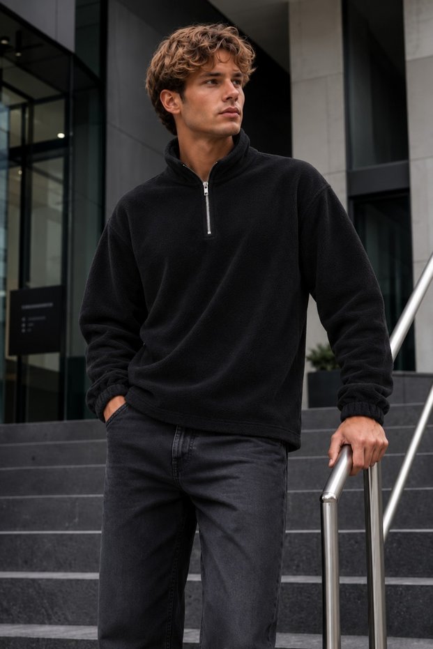 Men's Zip-Up Mock Neck Fleece-Lined Sweatshirt, Black