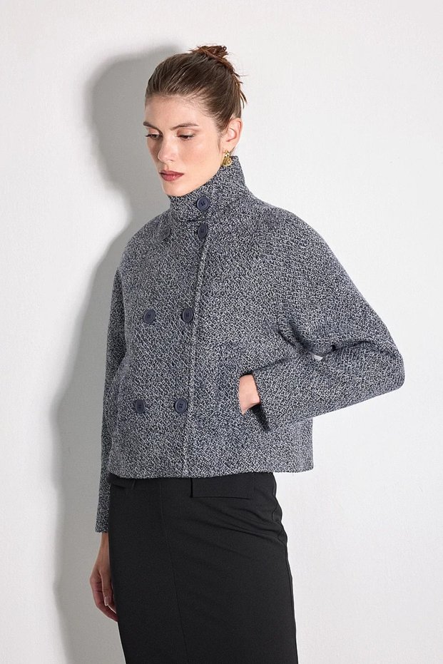 Wool Mock Neck Blazer - Navy Blue
