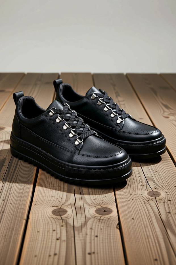 Men's Lace-Up Leather-Look Casual Shoes with Non-Slip Sole and Orthopedic Insole