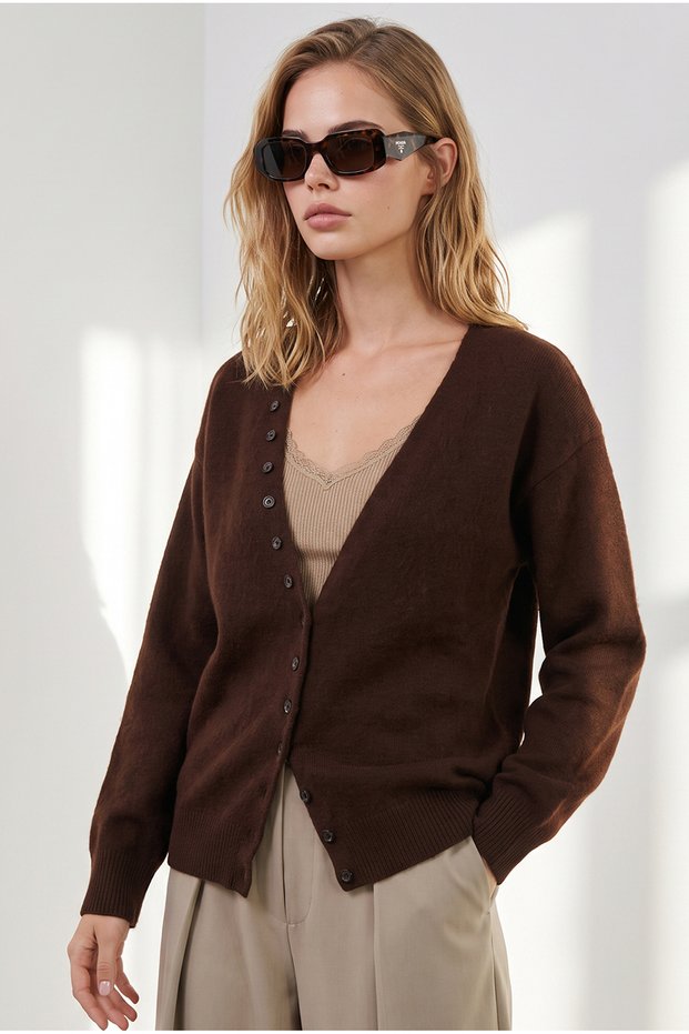 Women's Brown Deep V-Neck Cardigan with Button Details and Brushed Inside Trim HRK-19000529