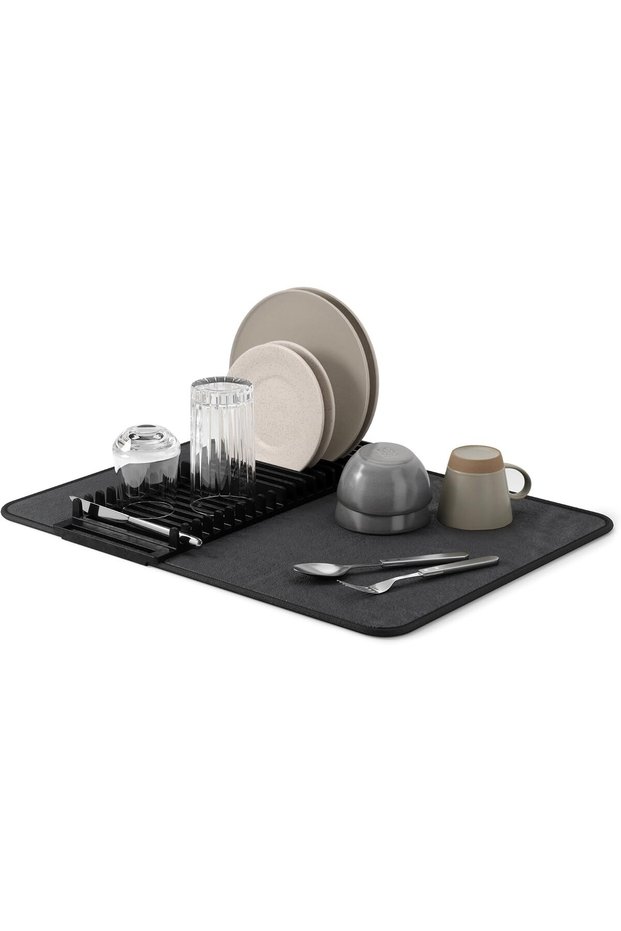 Udry Dish Rack and Microfiber Drying Mat – Space-Saving Design Folds Up for Easy Storage, Basic Rack, Black