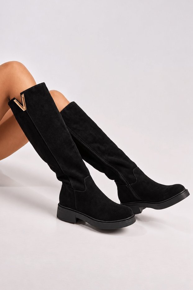 Fava Women's Black Suede Boots with V-Shaped Metal-Accented Design, 4 cm Heel