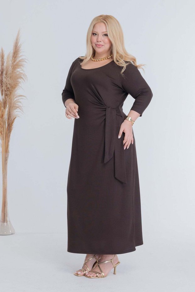 Women's Coffee-Printed, Tie-Detail, Plus-Size, Stretchy Maxi Dress
