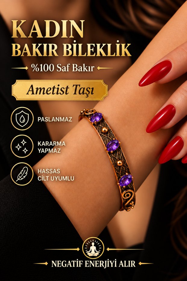 Women's Copper Bracelet - Handcrafted with Amethyst Stones, 100% Pure Copper Women's Bracelet