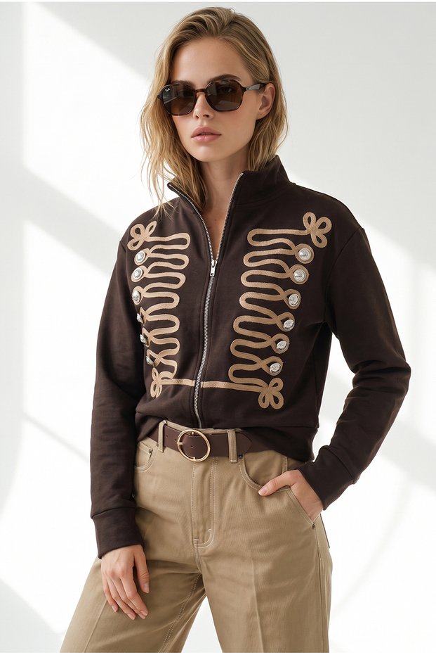 Women's Brown Sweatshirt with Button Accents and Zip Detail SWT-19000828