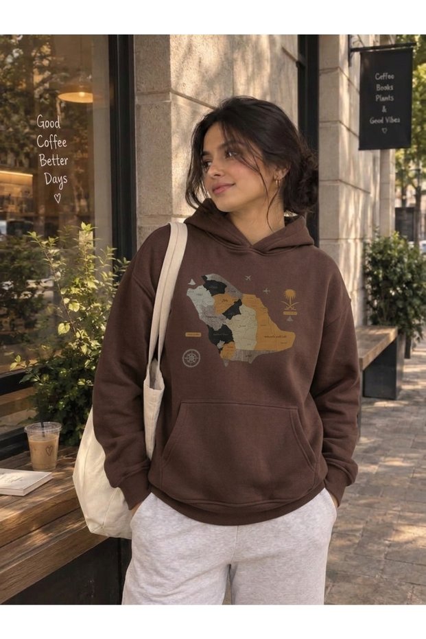 Oversized Hooded Sweatshirt with Brown Map Print