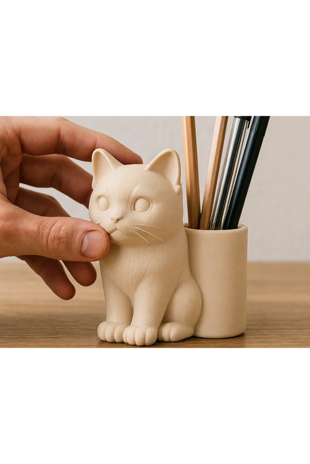 3D-Printed Cat-Shaped Pencil Holder - Desktop Organizer - Beige BZELDR05