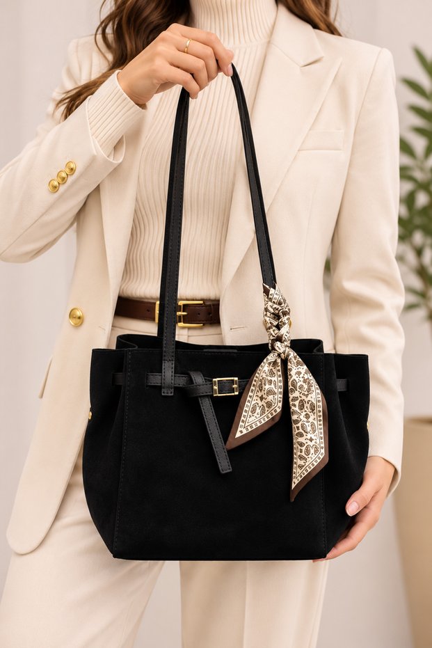Lucca 100% Genuine Italian Leather Women's Suede Shoulder Bag – Stylish Clutch Bag with Scarf Detail and Buckle Detail