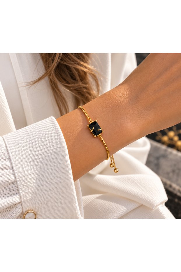 Women's Cube Chain Bracelet with Black Zircon Stones and Adjustable Clasp, Gold Color