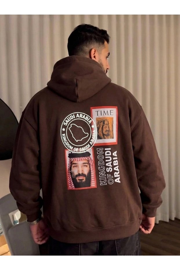 سويت شيرت بقلنسوة باللون البني، مقاس كبير، للجنسين.