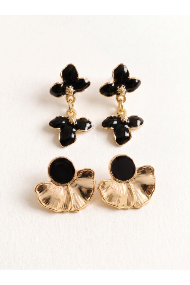 Set of 2 Dangling Flower and Fan Earrings