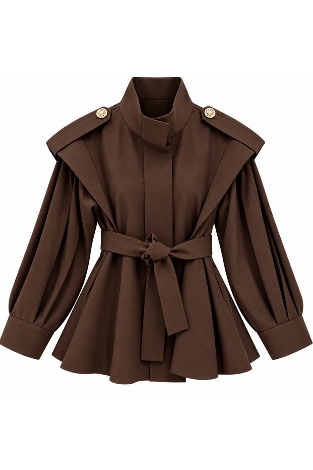 Mademoiselle Epaulet-Style Cotton-Padded Shoulder Pad Belted Trench Coat