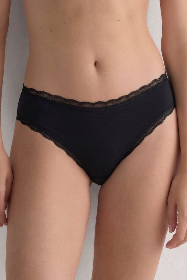 Modal & Cotton Lace Cheeky Panties, Black