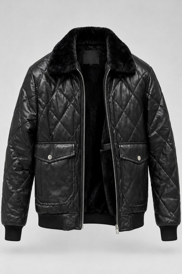 Winter Faux Leather Jacket with Fur-Trimmed Collar and Quilted Padding KMD 862_50543