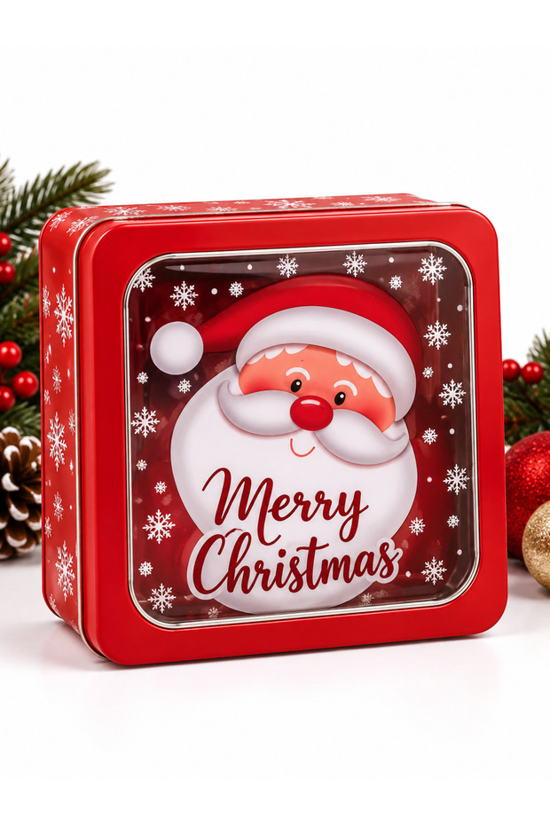 New Year's Gift Box: Checked Metal Box with Transparent Lid and Santa Claus Design, 18x18x7 cm