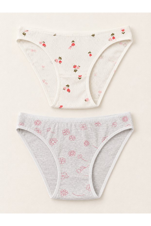 Women's Floral Print Briefs - Pairs of 1 and 2 - Ecru & Gray