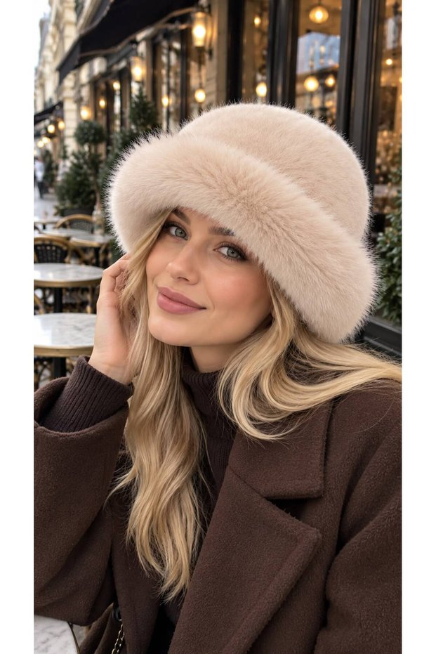 Beige Soft Textured Plush Kalpak Women's Hat