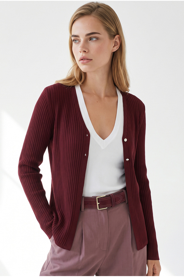 Women's Burgundy 2-Button Corded Fabric Knit Cardigan HRK-19000533