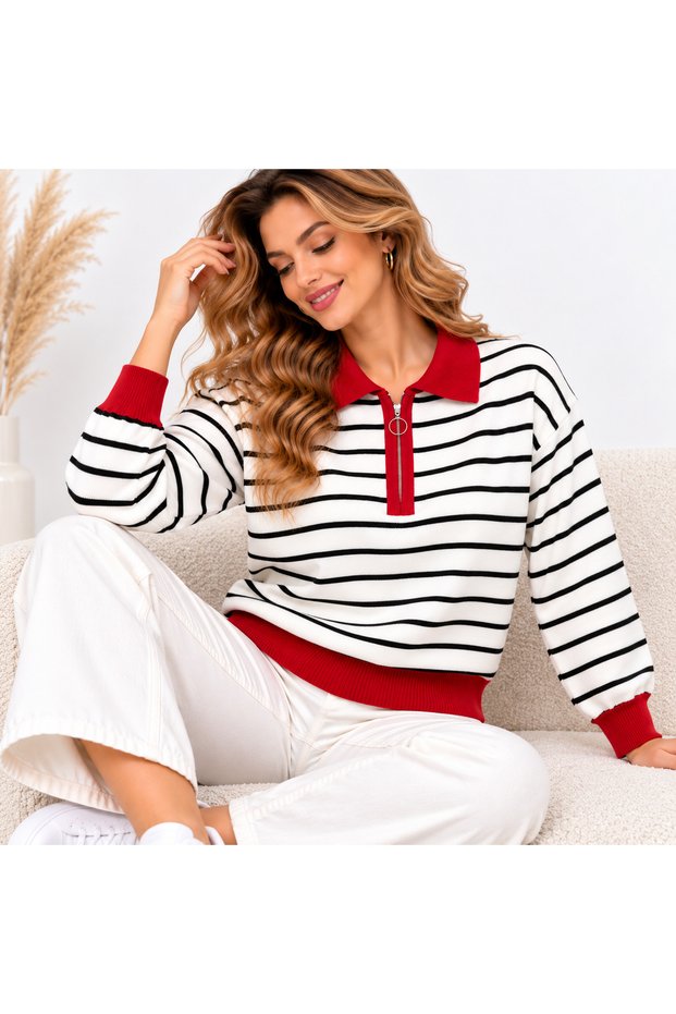 Women's Striped Polo Collar Knit Sweater