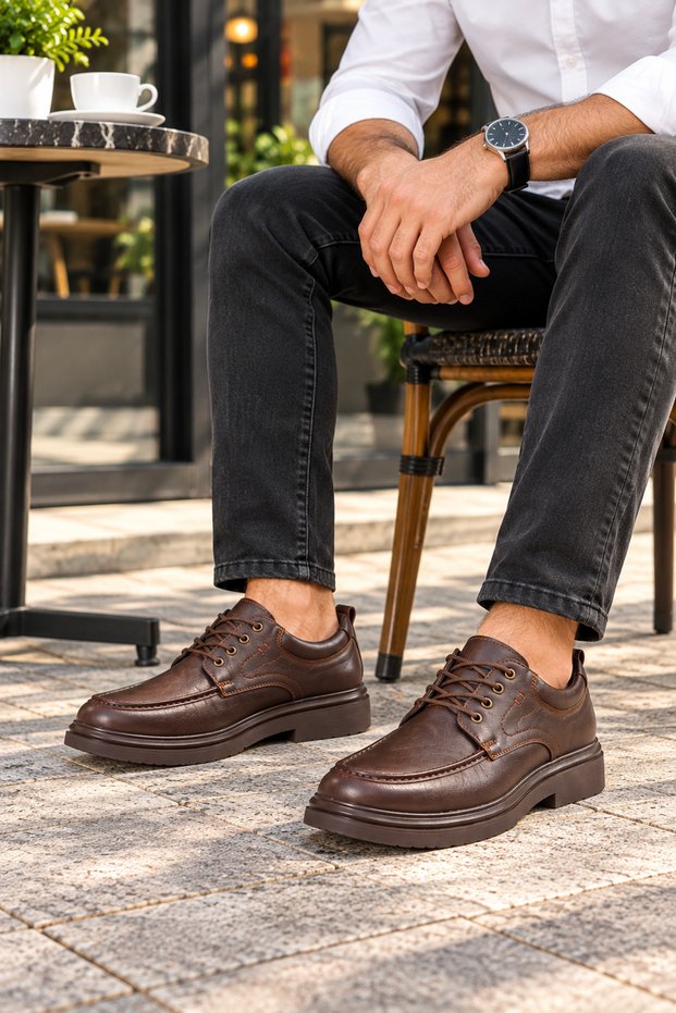 Brown Genuine Leather Lace-Up U-Toe shoes with a thick sole