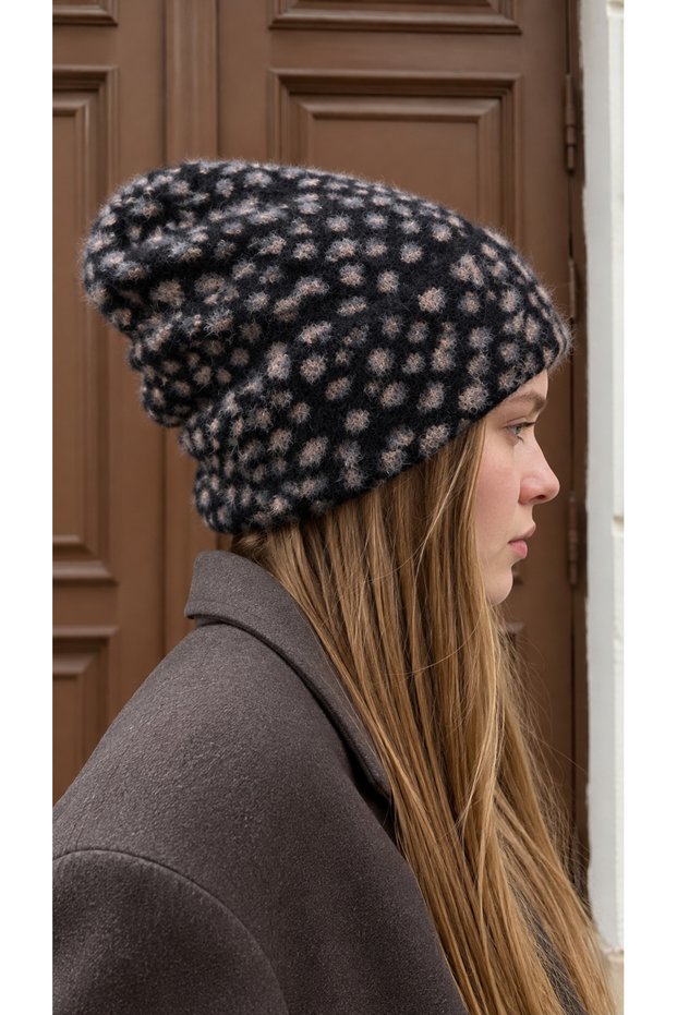 Soft-Textured Winter Beanie with Black Leopard Pattern and Beard Detail BERE1163