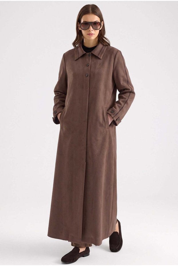 Plus-Size Suede Trench Coat with Collar Detail and Sleeve Detail, Light Brown 6931
