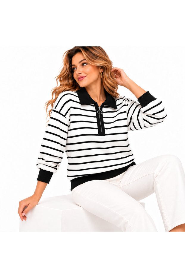 Women's Striped Polo Collar Knit Sweater
