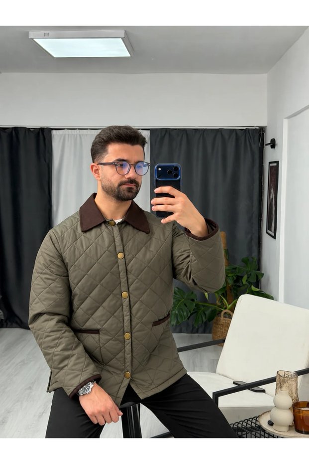 Contrast Velvet Collar Snap-Fastened Quilted Jacket