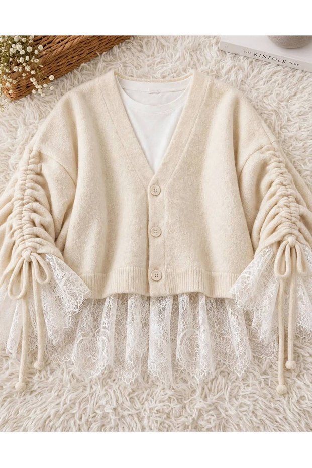 WOMEN'S PREMIUM LACE Ruched Detail Sleeve Knit Cardigan
