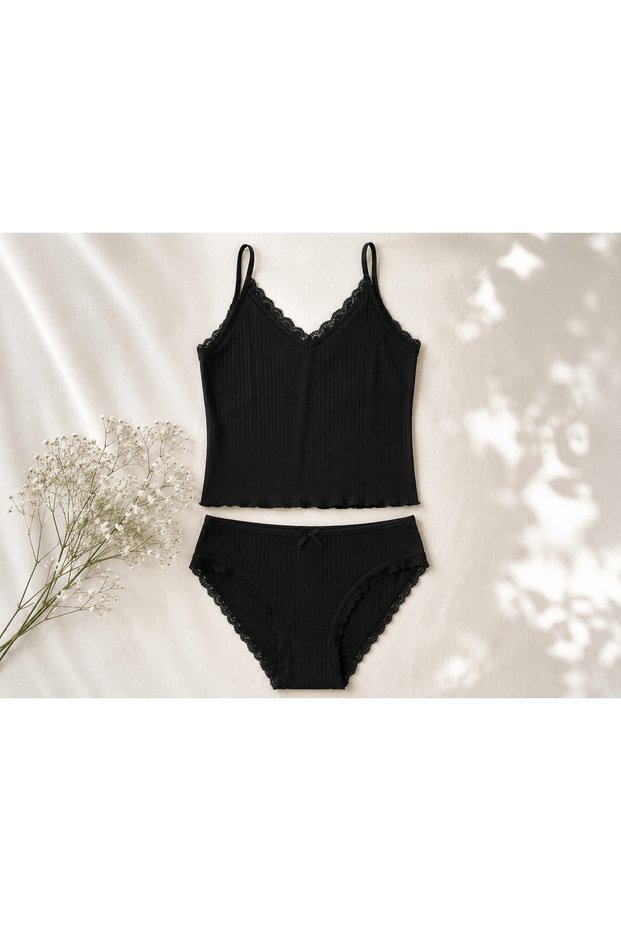 İlke Lace-Trimmed Spaghetti-Strap Tank Top Set - 221 - Black