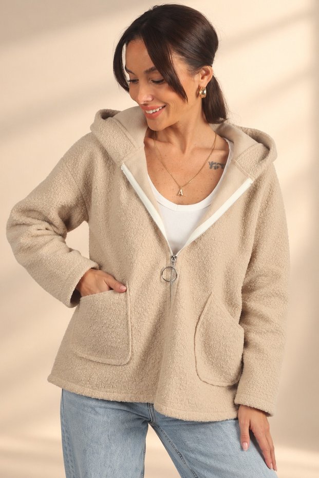 Women's Hooded, Front Zippered, Pouch-Pocketed Cardigan